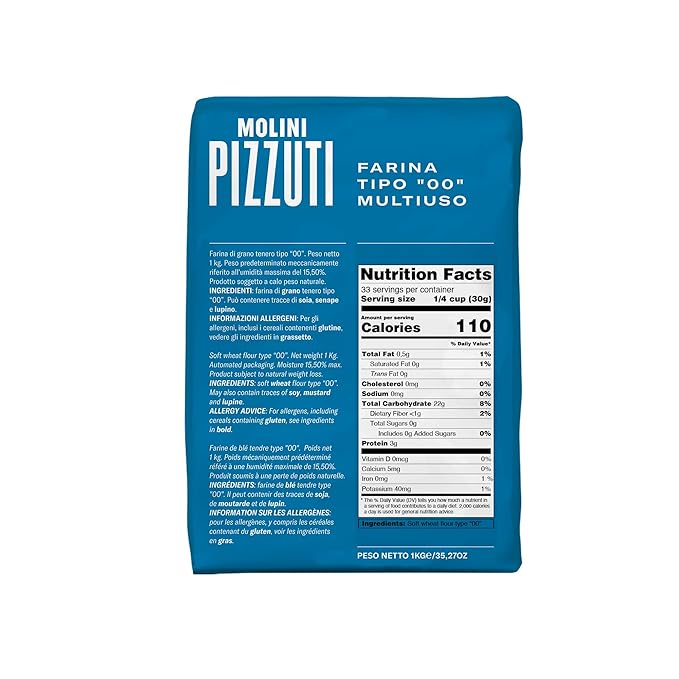 Molini Pizzuti Italian Tipo “00” Soft Wheat Flour – 1kg Bag – Ultra-Fine for Pizza Dough, Pasta, Bread & Pastry – Ideal for Home and Professional Baking