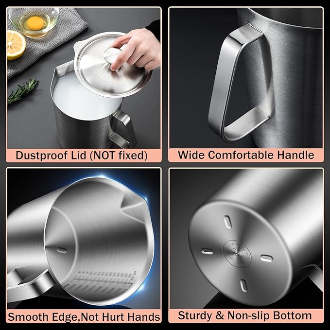 Stainless Steel Pitcher with Lid, 70 oz Large Metal Measuring Cup with Handle, 8 Cup Milk Frothing Jug 2 Liter Water Pitcher for Coffee Latte Art Cappuccino Espresso Machine Accessories