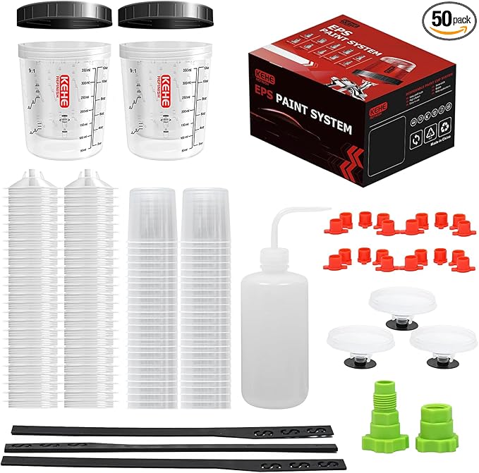 Disposable Paint Cups for Spray Gun,Mixing Cups 12 Ounce (350ml) Kit with 50 Liners and Lids with Strainer System for HVLP&LVLP,2 Hard Cups with Retainer Ring,20 Plugs,3 Caps,2 Adapters,1 Wash Bottle