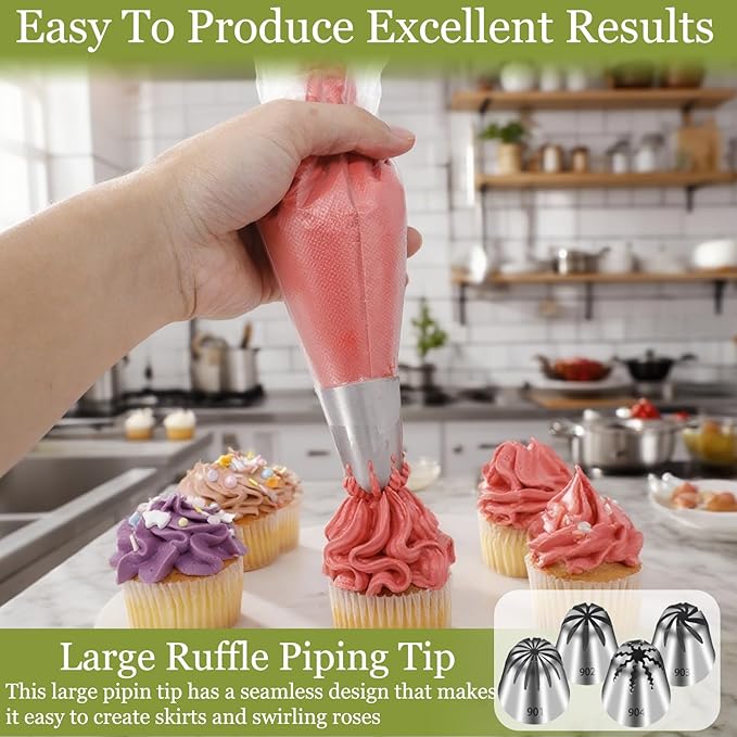 FANTEXY Large Piping Tips Set, 4 Pieces Stainless Steel Russian Ruffle Frosting Icing Tips, Pastry Cake Decorating Supplies For Buttercream Cupcake Frosting kit