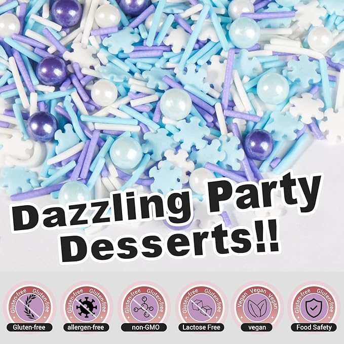 HUEBEATY 6-in-1 Frozen Snowflakes Sprinkles for Cake Decorating- 180g Winter Cake Sprinkles with Jimmies, Nonpareils, Blue & Silver Sugar, Edible Frozen Cake, Cupcake Toppers & Birthday Decorations for Cakes, Cupcakes, Cookies & Icecream