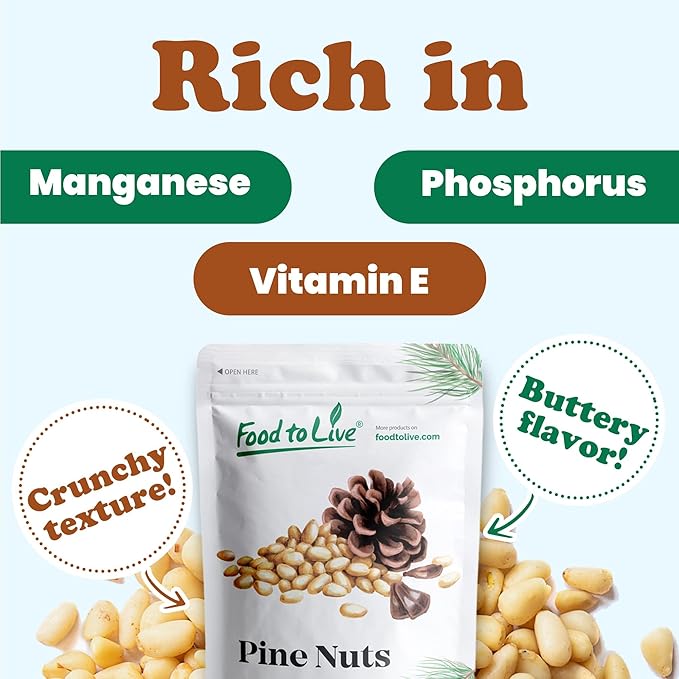 Food to Live Pine Nuts, 2 Pounds Whole Raw Pignolias, Unsalted, Vegan, Kosher, Bulk. Rich in Vitamin E, Protein. Healthy Snack. Great for Pesto, Salads, Homemade Desserts.