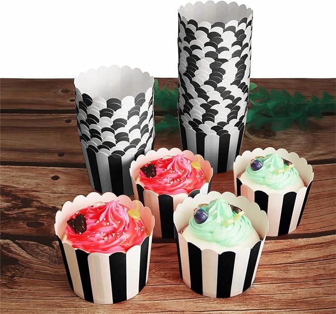 50 Pack Muffin Liners Baking Paper Cups Black and White Stripes Cupcake Liners Elegent Muffins Baking Cups Cupcake Wrappers for Birthday Parties, Weddings, Bottom Dia 2.36 Inch