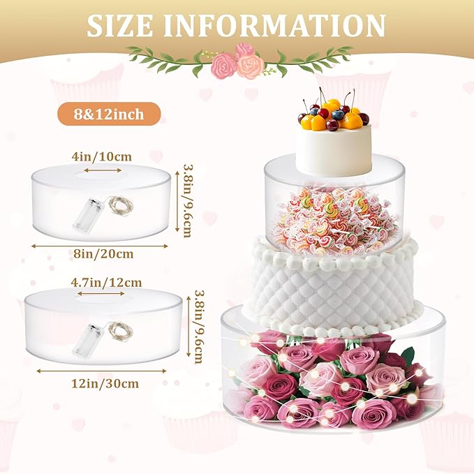 2Pcs Acrylic Cake Display Stand 8'' 12'' Round 2Tier Clear Cylinder Cake Box for Wedding Birthday Party Decor (8 /12 Inch)