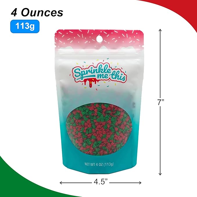 Red and Green Tree Sprinkles - 4 oz Resealable Stand Up Candy Bag - Christmastime Themed Sprinkles Featuring Christmas Trees - Bulk Sprinkles for Baking or Dessert Topping