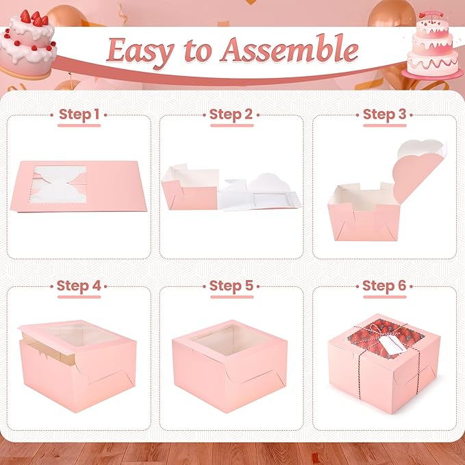20Pcs 8 Inch Cake Boxes with Window, 8x8x5 Inches Pink Bakery Boxes, Cake Carrier Container for Pastries, Pie, Cookies, Chocolates, Cupcakes, Birthday Party, Wedding