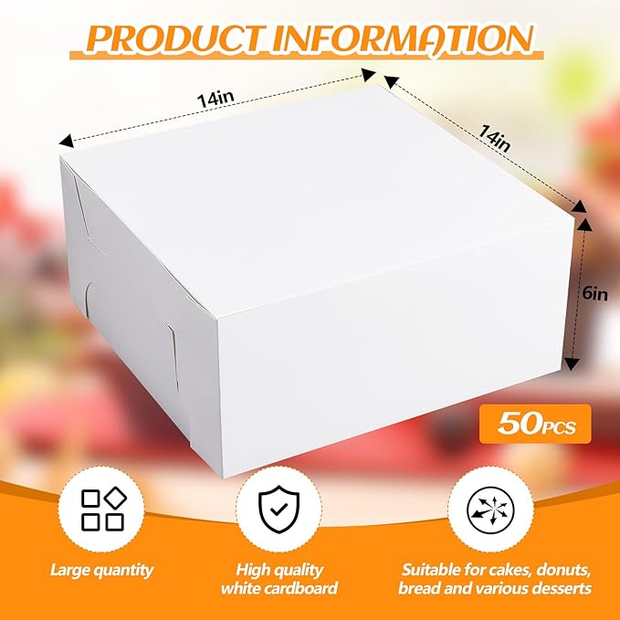 Ireer 50 Pack 14 x 14 x 6 Inch White Cake Boxes Cardboard Bakery Boxes for Pie Pastry Cookie
