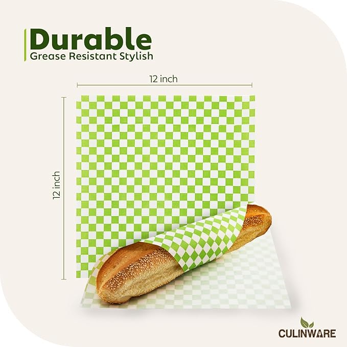 Culiware Deli Paper Sheets, 12x12 inch, 1000pcs - Classic Checkered Wax Sheet, Precut Food Basket Liners, Grease-Resistant Wrapping Paper for Sandwich Bread Burritos (Green and White)