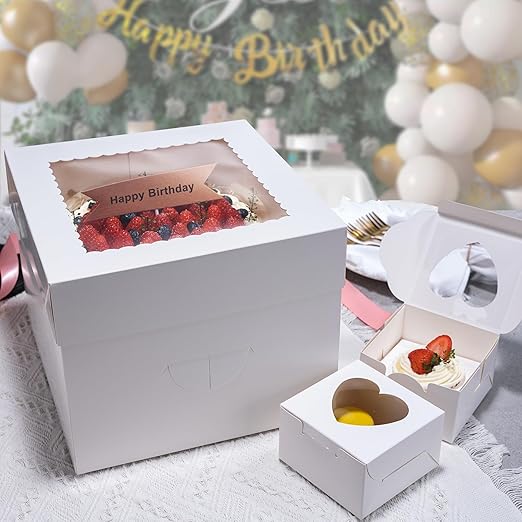 23Pcs Cake Boxes with Boards 10x10x8 Inch-(10 Boxes &10 Boards,3 Cupcake Box)&80 Stickers-Square Large White Bakery Boxes with Window for Cookies- Cake Decorating Supplies