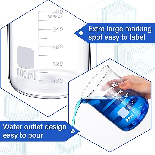 8 Pcs 800 ml Glass Lab Beaker 3.3 Borosilicate Glass Measuring Cup with Spout Low Form Glassware for Laboratories Classrooms or Home Use
