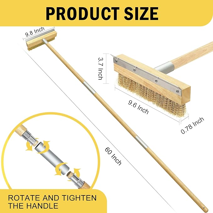 Pizza Oven Brush with Scraper,60-Inch Adjustable-Length Long Wood Handle Brass Bristles,Outdoor Pizza Oven Brush