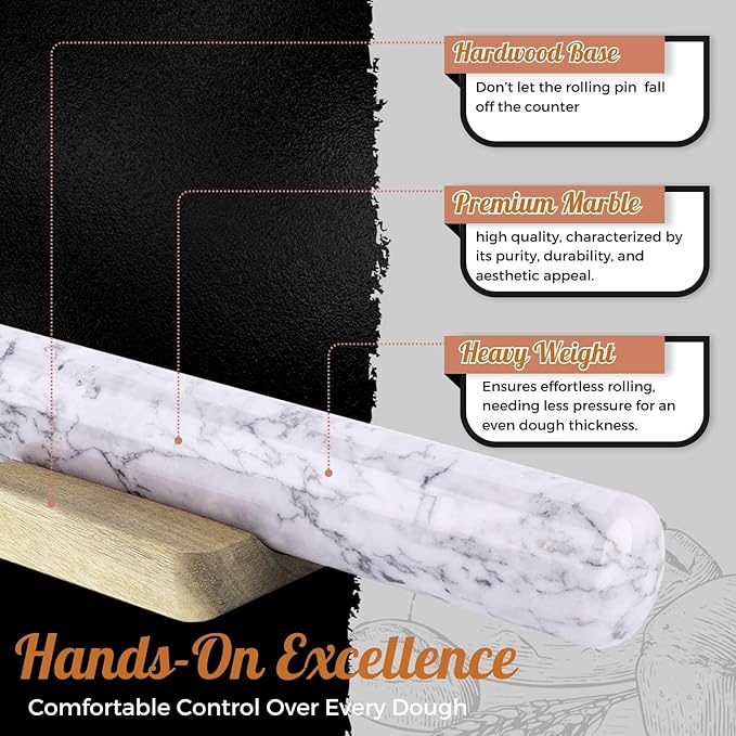 Flexzion French Rolling Pin, 12 Inch White Marble Rolling Pins for Baking with Wooden Base Holder Stand - Non-Stick Baking Roller for Baking Fondant, Crust, Pastry, Cookies, Pizza, Pasta