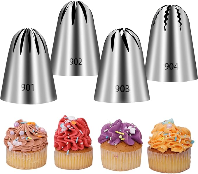 FANTEXY Large Piping Tips Set, 4 Pieces Stainless Steel Russian Ruffle Frosting Icing Tips, Pastry Cake Decorating Supplies For Buttercream Cupcake Frosting kit