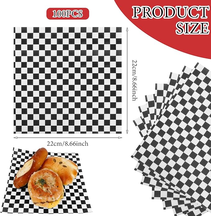 200 Pcs Wax Paper Sheets for Food Deli Wrap Paper Sheets 8.5x8.5"Food Basket Liners Black Checkered Square Sandwich Wraps for Burgers Bread Restaurant Barbecue Picnic