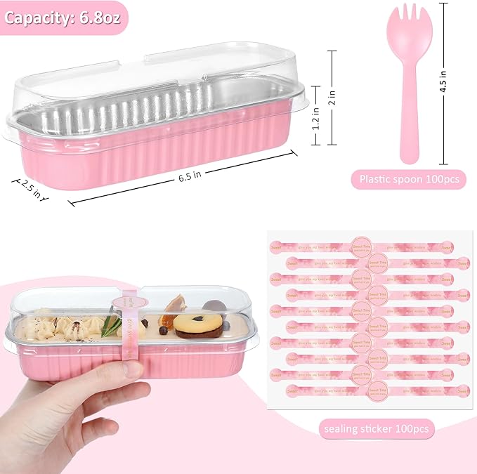 Mini Loaf Pans with Lids and Spoons (100 Pack, Pink, 6.8oz) Rectangular Aluminum Foil Baking Pans