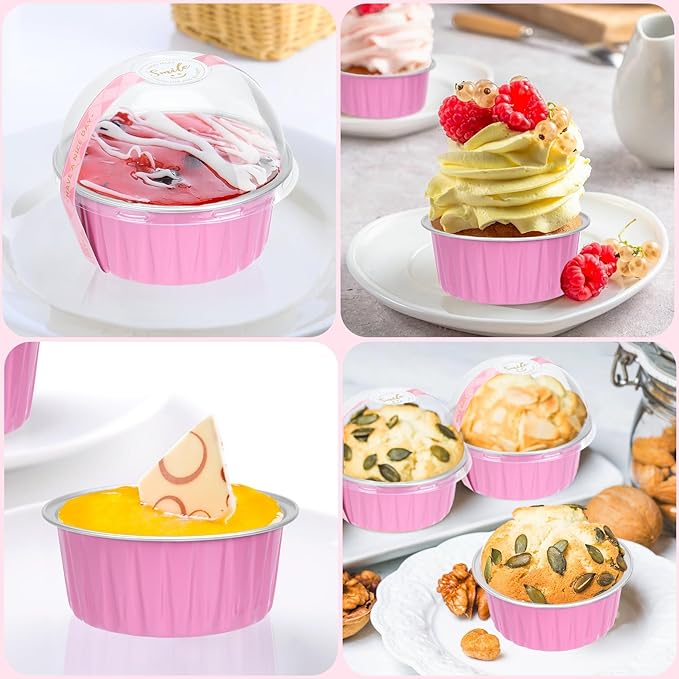 Mini Cake Pans with Lids and Spoons (100 Pack,Pink,5oz) Round Disposable Ramekins - Sturdy Aluminum Foil Cupcake Liners with Lids for Dessert and Party
