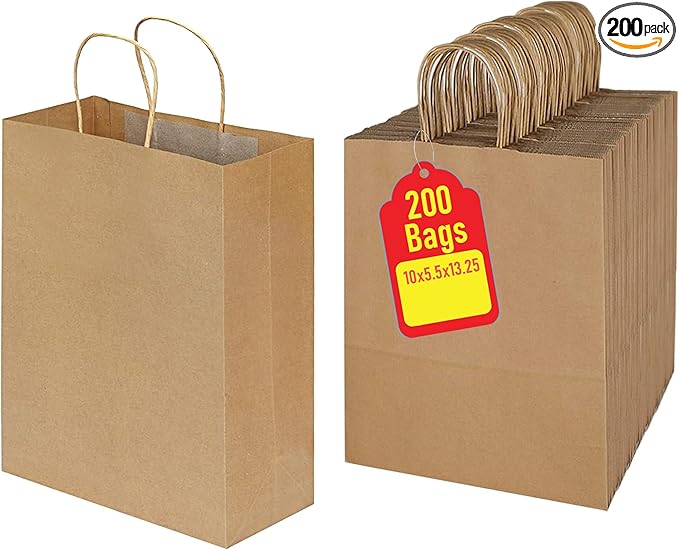 Premium 10x5x13 Paper Bags with Handles - Pack of 200, Kraft Paper Bags Ideal for Shopping, Wedding, Business, Retail, Craft, Gifts & More - Durable, 100% Recyclable Brown Quality Bags