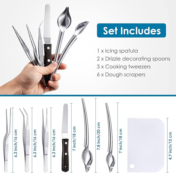 Patelai 12 Pcs Chef Plating Tools Plating Drizzle Spoons Cooking Tweezers Culinary Precision Stainless Steel Drawing Spoons Plastic Dough Scrapers Wood Icing Spatula for Chef Cake Candy Decorating