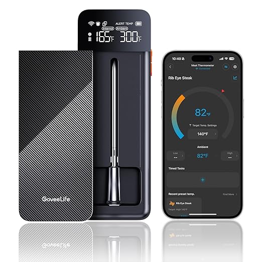 GoveeLife Bluetooth Wireless Meat Thermometer with Digital Standalone LCD Base, WiFi Unlimited Range, ±1.8℉ Accuracy, Food Grade Internal Ambient Sensor Probes for Kitchen, BBQ, Grill, Oven, Smoker