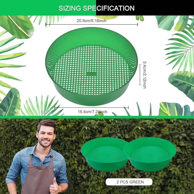 2Pcs Round Garden Soil Sieve Pan Plastic Sand Sifter Set for Sieve Work of Small Gravel, Soil, Sand（Green）