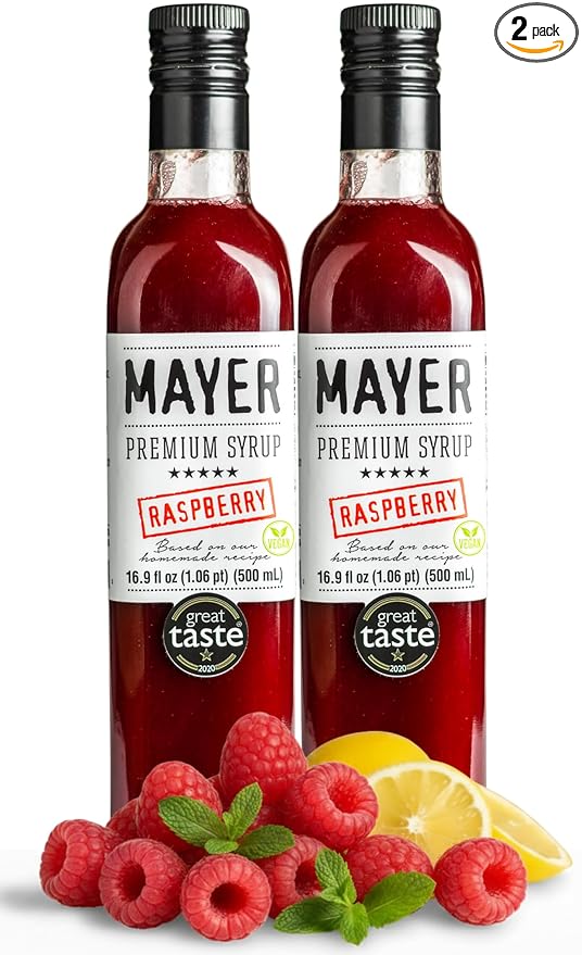 Mayer Hungarian Premium Raspberry Artisanal Syrup, Award-Winning, All-Natural, Vegan, Gluten-Free, Over 50% Real Fruits, (2 x 16.9oz), Perfect Coffee Syrup & Cocktail Syrup, No Artificial Additives (2 Pack)