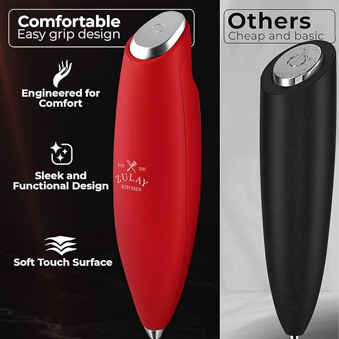 Zulay Kitchen Patented Tornado Triple Whisk Milk Frother with 4 Duracell Batteries – Handheld Foam Maker for Coffee, Lattes, Matcha & Hot Chocolate – Rich, Creamy Froth in Seconds
