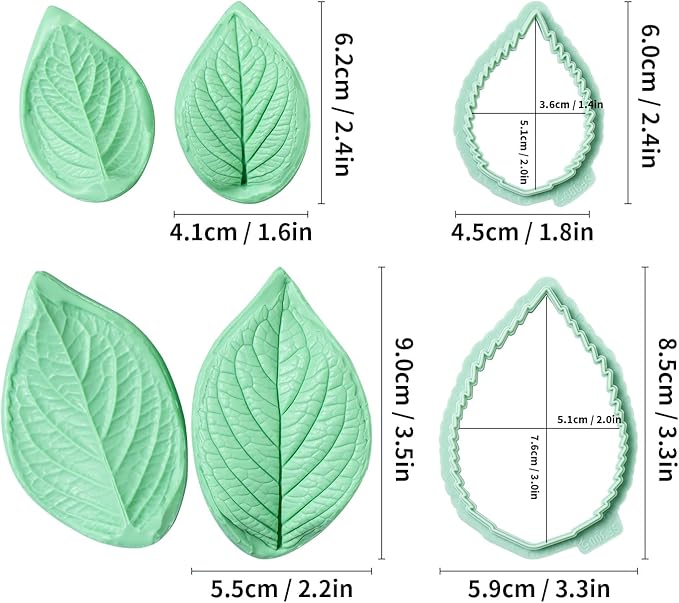 6Pcs Fondant Leaf Veining Mold and Cutter Set, Common Leaf Design for Gum Paste Sugarcraft and Cake Decoration