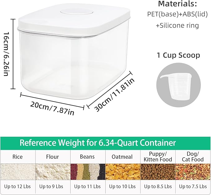 Airtight Flour Container 6.34 QT, Clear PET Plastic Food Storage Container Bin with Pop Up Lids For Rice Flour Sugar, Dry Food Holder for Kitchen Pantry Organization and Storage