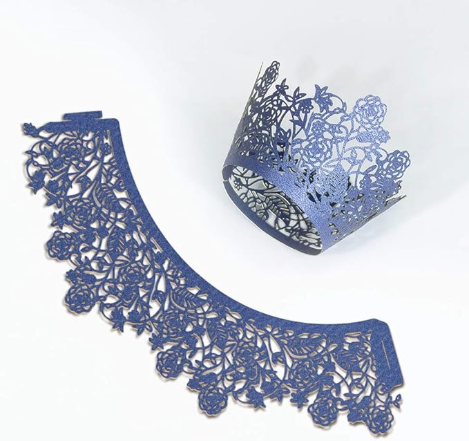YOZATIA 60pcs Navy Blue Rose Lace Cupcake Wrappers Holders, Laser Cut Cupcake Liners Decorative Liners for Wedding Party Birthday Cake Decoration Supplies