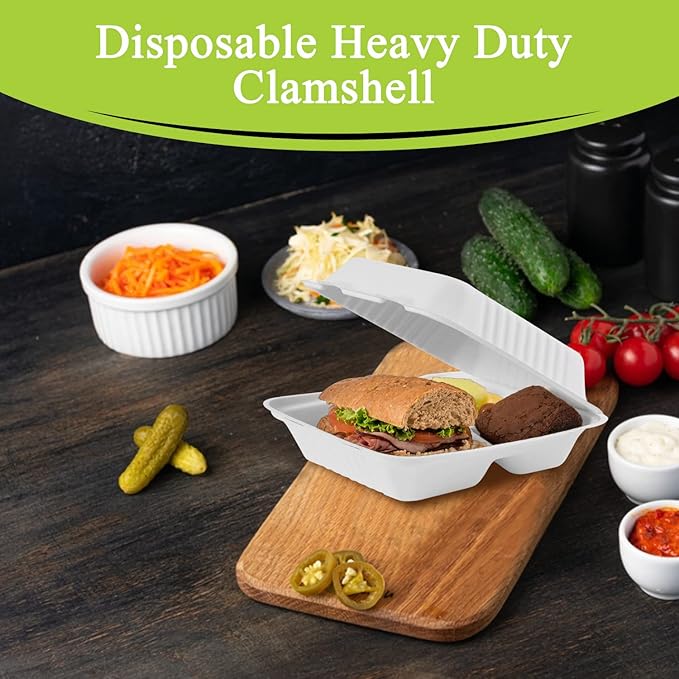 three leaf 8" x 8" 3 COMPARTMENT BAGASSE CLAMSHELL, 200 Ct. Heavy-Duty- Super Strong- Natural- Eco-Friendly Disposable Bagasse Clamshell, 100% Biodegradable 8 inch clamshell