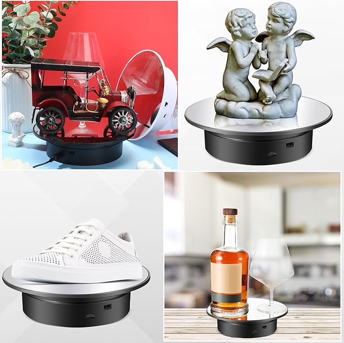 Marsui 2 Pieces Rotating Display Stand 7.87'' Mirror Cover 360° Automatic Electric Motorized Turntable for Photography Products Jewelry Cake 3D Model Display Supplies, Battery Operated /USB Power
