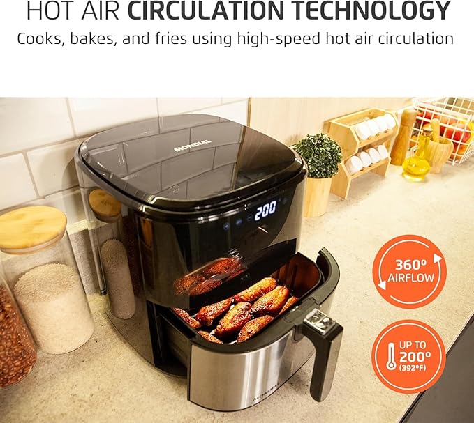 Mondial - Air Fryer Digital Visor Inox 5.3QT Capacity - High Power & Elegant Stainless Steel Finish - Black & Inox