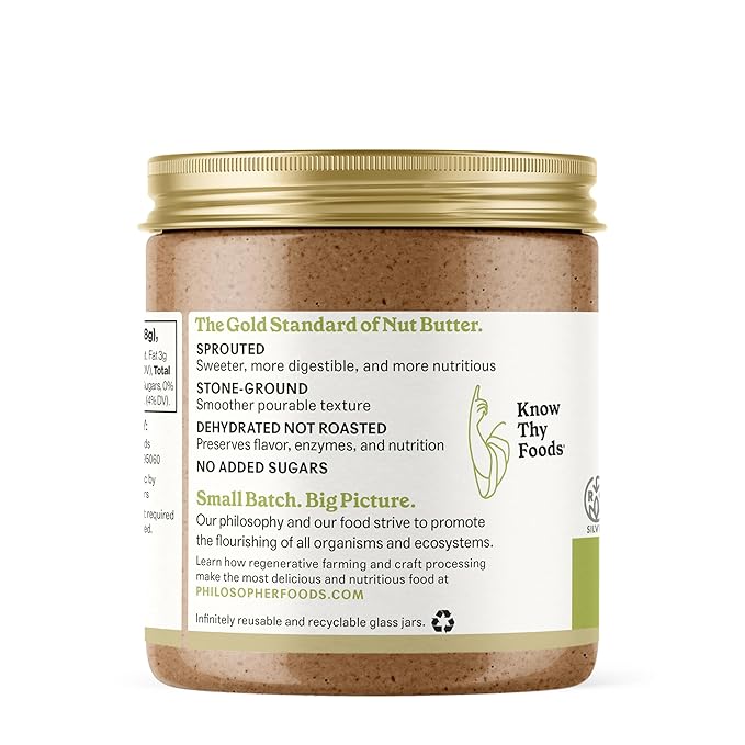 Philosopher Foods - Organic Creamy Alchemy Sprouted Almond Butter - 6 oz - Stone Ground Regenerative Organic Crunchy Almond Nut Butter No Sugar Added