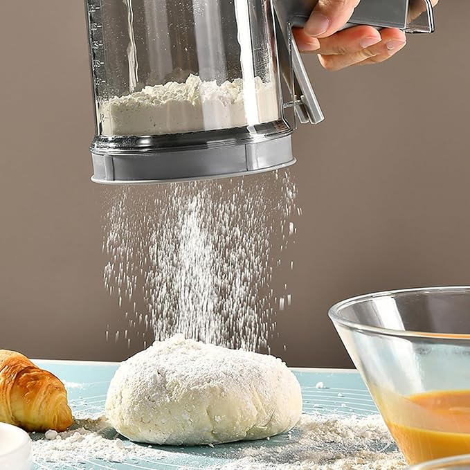 3-Cup Flour Sifter, Sifter for Baking Straight Handle & Press Double-Layer Fine Mesh Filter - Food Grade Stainless Steel Suitable for All Baking Flour Powdered Sugar Almond Powder and Cocoa Powder