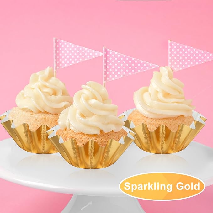 100 PCS Baking Cups Cupcake Liner Flared Brioche Standard Muffin Wrappers Greaseproof Coated Paper Cup for Wedding Birthday Holiday Party or Baby Shower (Gold)