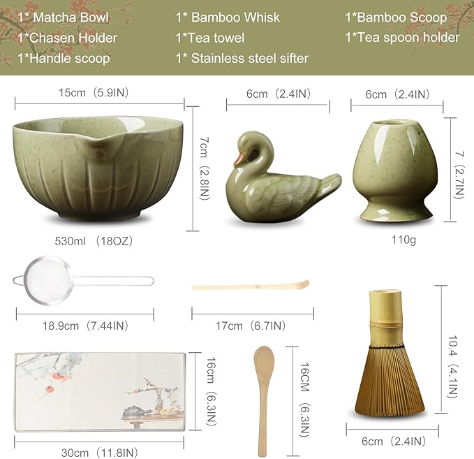 Matcha Whisk Set - 8PCS Japanese Tea Set Includes Matcha Bowl, Bamboo Whisk with Ceramic Holder, Bamboo Scoop, stainless steel sifter, tea towel, handle scoop,Matcha Kit for Ceremony(White/8PC)