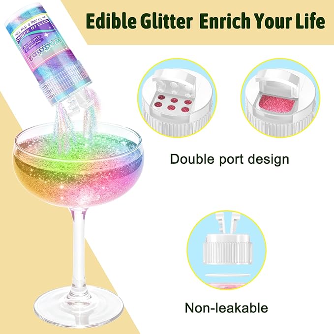 Edible Glitter - 15 Popular Colors Edible Glitter for Cocktails, Food Grade Luster Dust, Iridescent Shimmer Powder for Cake Decorations, Drinks, Baking, Dessert - 3 Particle Sizes - 5g/Bottle