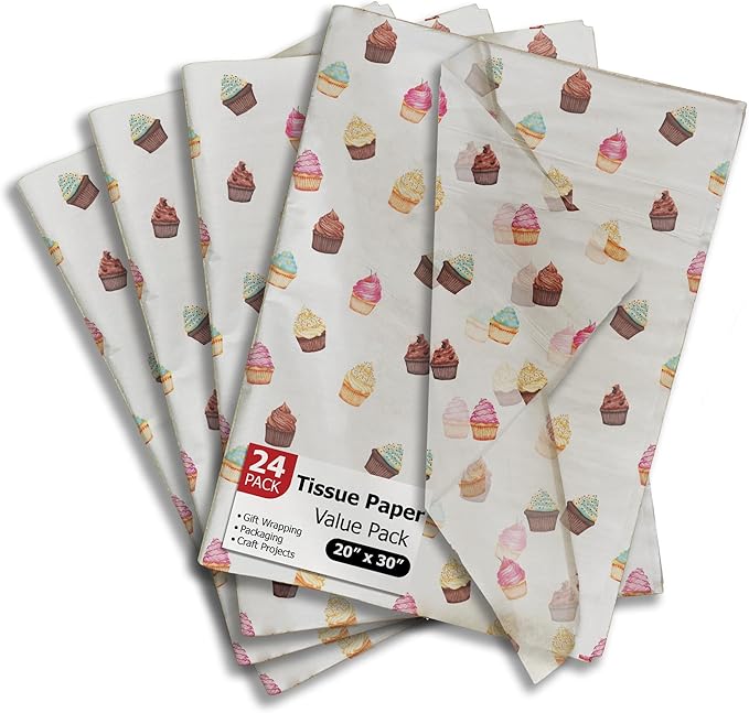 Cupcakes Birthday Party Printed Tissue Paper for Gift Bags or Boxes and Wrapping - Bulk Decorative Art Tissue Paper for Packaging and Gifting | 24 Sheets 20" x 30"