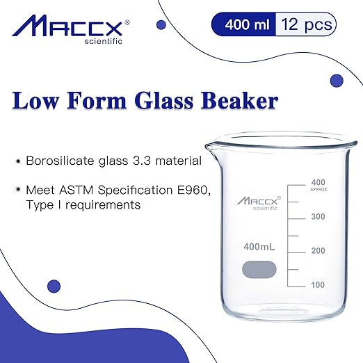 13.5oz(400ml) Sturdy Glass Beaker, 3.3 Borosilicate Griffin Low Form with Printed Graduation, Pack of 12, BKL400-012