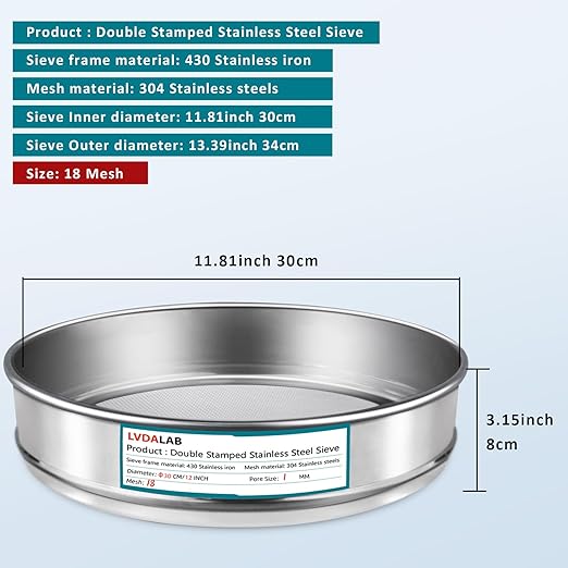 304 Stainless Steel Lab Sieve Screen Mesh, 18 Mesh (1mm) Aperture Test Sieve, 12Inch(30cm) Diameter Economy Standard Analysis Sample Test Sieves for Industrial Laboratory Homes