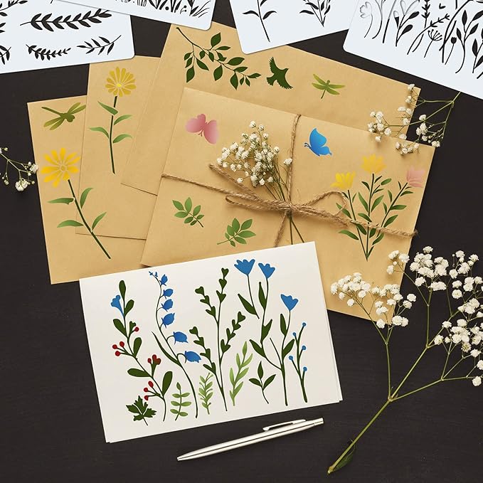 Marspark 20 Pieces Wildflower Stencils for Painting Template Flower Wall Stencils Reusable Spring Templates PET DIY Drawing for Painting on Wood Wall(Rectangular Style)