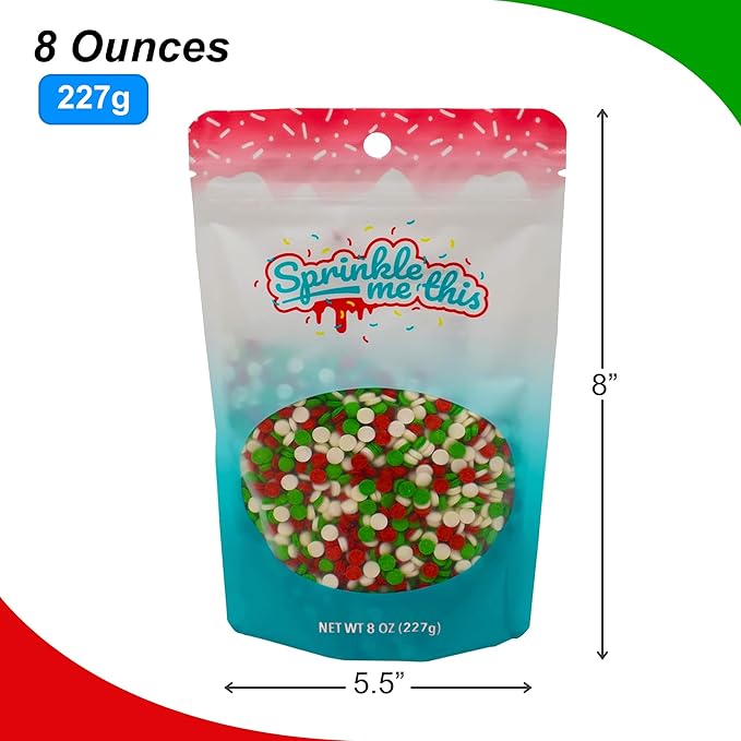 Confetti Christmas Sprinkles - 8 oz Resealable Stand Up Candy Bag - Christmas Themed Holiday Sprinkle Mix - White, Green, and Red Quins - Bulk Sprinkles for Baking and Decorating