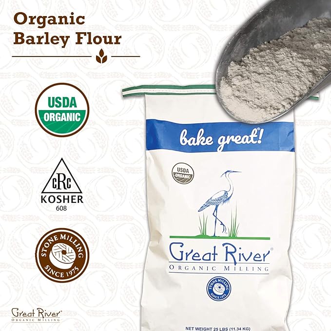 Great River Organic Milling Organic Barley Flour | Unbleached, Unbromated, Non-GMO, Kosher | High Fiber, Nutty Flavor Perfect for Breads, Pancakes, & More | 25 Lb