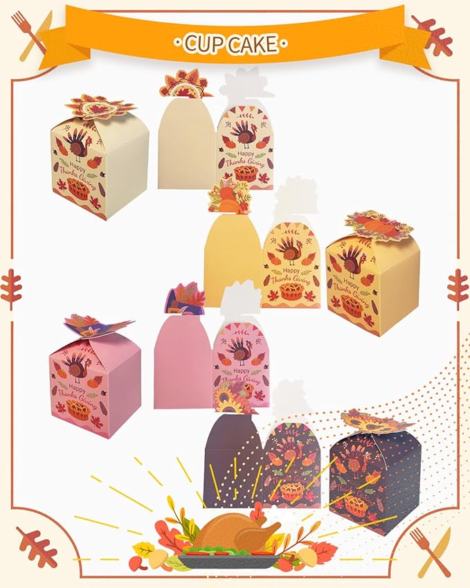 qiqee Thanksgiving Gift Boxes Small Fall Treat Cookie Boxes 3D Square Turkey Pumpkin Maple Flower Print Bakery Box for Gifts Giving Festival Party, Chocolate, Pudding (56pcs 3.3"x3.3"x3.3")