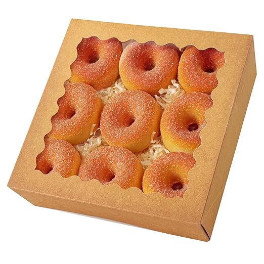 qiqee 8x8x2.5 Inch Brown Pastry Box With Window Donut Pie Boxes 12pcs Bakery Box (Auto-pop Up)