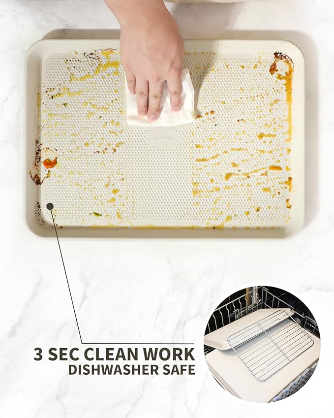 Nonstick Baking Sheet Sets with Rack (3 Pans + 1 Rack), 0.8mm Thicker Carbon Steel Quarter/Jelly Roll/Half Sheet Pan, Easy Clean, Prevent Warping, Dishwasher Safe, Oven Safe 450°F