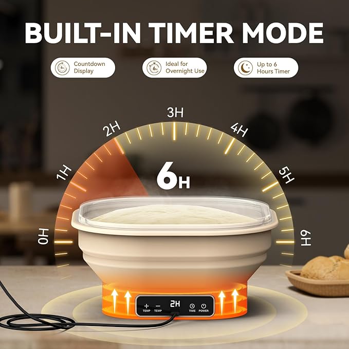 Heating Sourdough Banneton Bread Proofing Basket Kit with Timer & 6 Temp Settings, 2L Foldable Silicone Dough Proofing Box Electric Sourdough Starter Warmer Set for Dough Rising, Baking Supplies