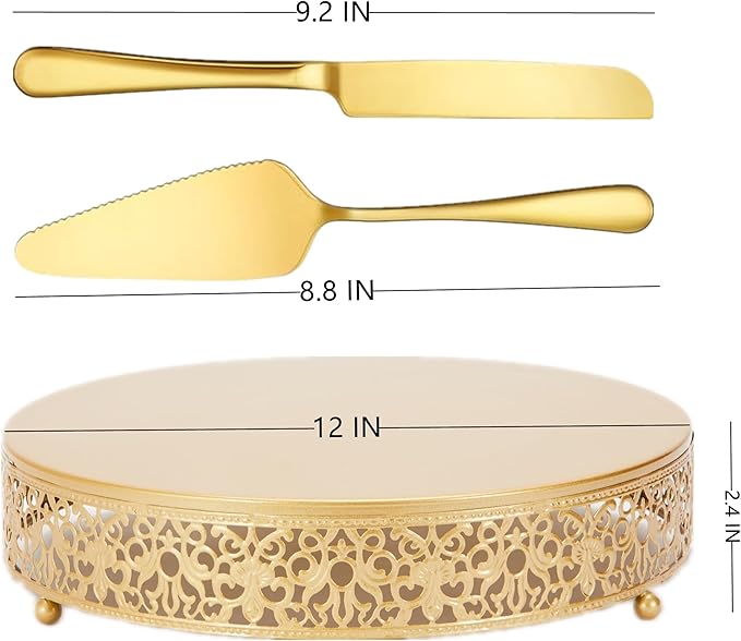 MTJYQTF Gold Cake Stand Set - Metal Round Cupcake Dessert Stand with Cake Cutting & Cake Spatula for Party, Candy Table Display for Wedding Birthday Baby Shower（12x12x2.4 IN） CS003-pan