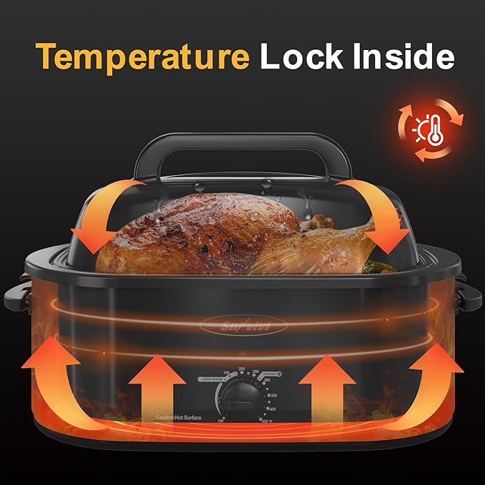Sunvivi Electric Roaster,18 Quart Roasting Oven with Self-Basting Lid Removable Pan,Turkey Roaster Oven with 150 to 450F Temperature Control Cool-Touch Handles,Black
