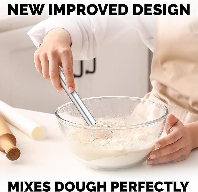 Zulay Kitchen 13-Inch Danish Dough Whisk - Stainless Steel Danish Whisk for Cooking with Dough Hook - Traditional Dutch Whisk - Bread Whisk for Sourdough, Pizza, Pastry, Cake Batter - Stainless Steel